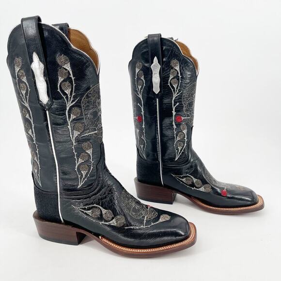 Lucchese Black Rosa Muerte Skull Rose Embroidered Western Cowgirl Boot size 7.5 - Picture 2 of 12